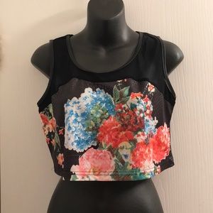 (Large) Floral Faux Leather & Mesh Crop Top